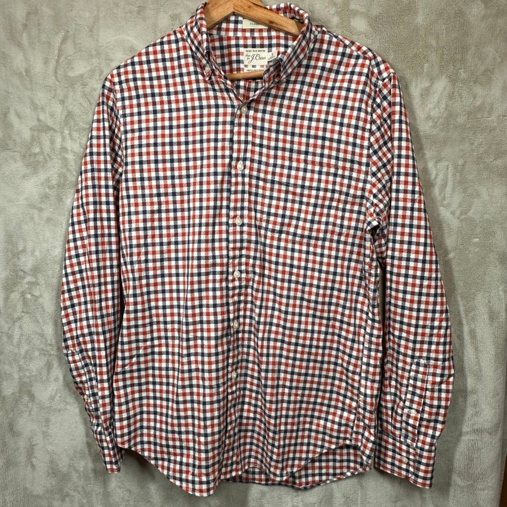 J Crew Yarn  Shirt Mens Small Red Blue Check Plaid Button Down Long Sleeve